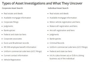 types of ASSET INVESTIGATIONS